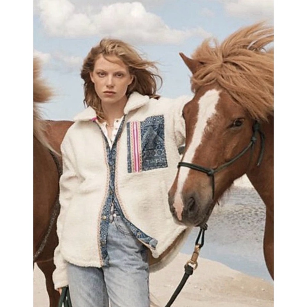 Free People We The Free This and That Cardi Snap Sherpa Jacket Ivory Blue M